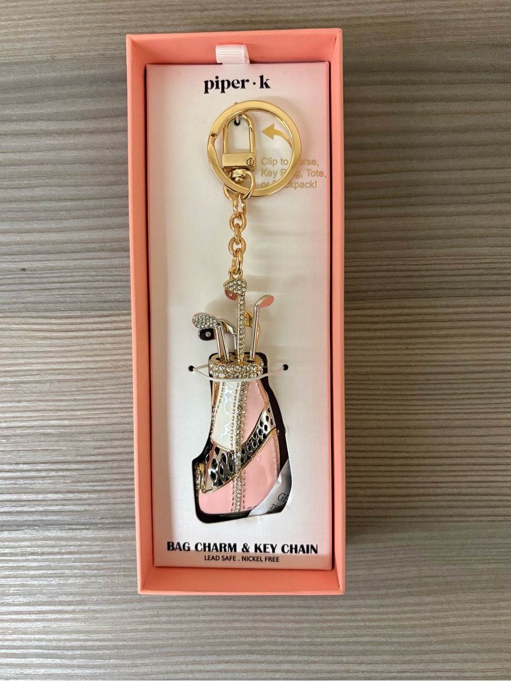 Piper K Pink and Cream Golf Bag Charm Key Chain with Gold Hardware